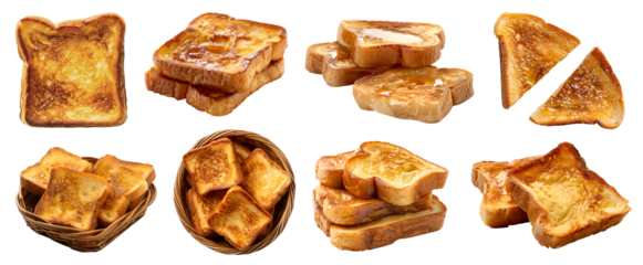 Golden French toast pan fried bread slice on transparent cutout, PNG file. Many assorted different angles, stack, basket, pile, slice. Mockup template for artwork graphic