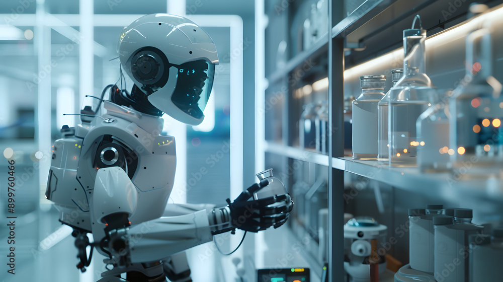 Poster a futuristic robot in an advanced laboratory setting, showcasing cutting-edge technology and innovat