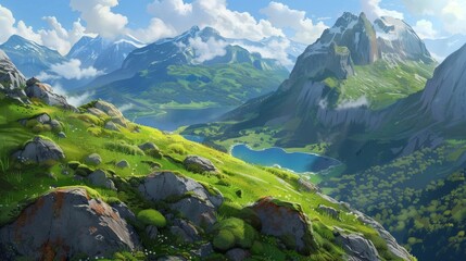 Illustration of mountains with green grass and blue lakes.