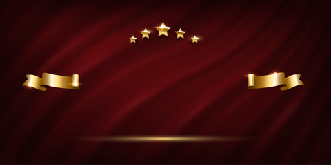 Award curtain background. Winner nomination prize banner with golden stars and ribbons vector illustration. Luxury ceremony poster template.