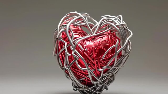 A heart-shaped art sculpture features a red interior encased in an intricate metal wire frame. The background is neutral, enhancing the contrast between the red and metallic colors. The overall mood