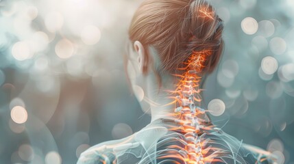 Woman with back pain, focusing on the spine and gray bone outline, light gray background with blurred borders for a medical illustration