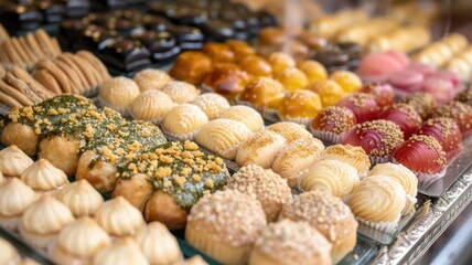 A tantalizing display of assorted gourmet pastries, featuring a variety of flavors and designs.