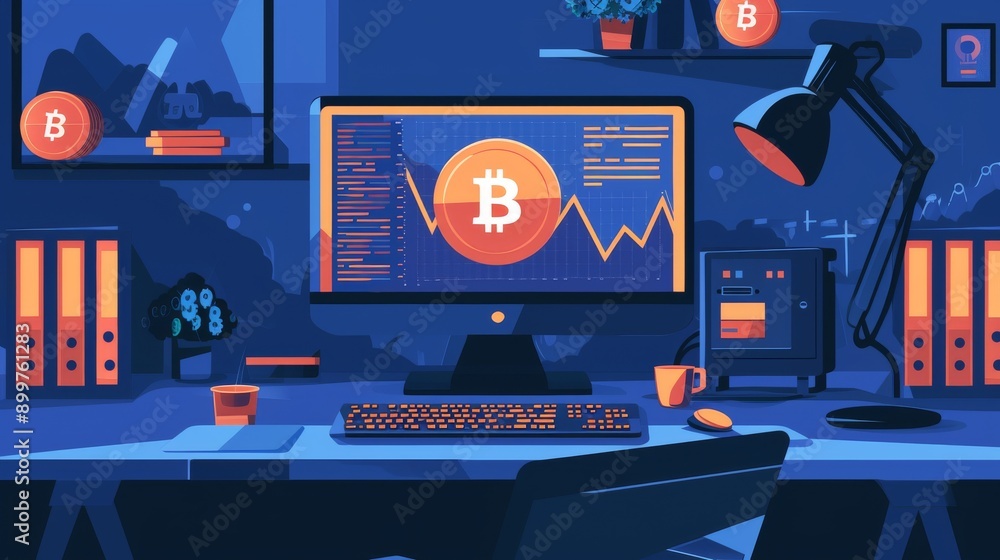 Poster an illustrative stylized depiction of a bitcoin trading workspace, featuring a computer screen with 