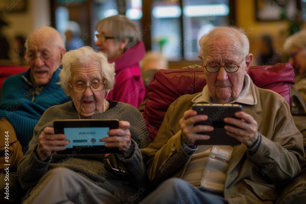 Aufkleber a group of elderly individuals sits comfortably, using tablets with focused expressions in a warm, i