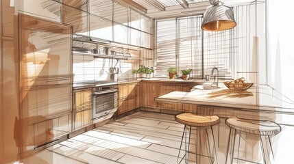 Architectural sketch of a kitchen interior design with wooden and white colors.