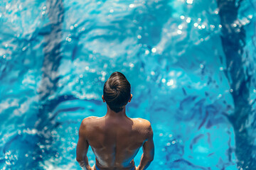 Swimmer on a diving tower, ready to jump into a large Olympic swimming pool, close-up rear view