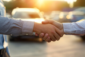 men shaking hands after a successful deal to sell a car in a car parking lot, a car in the background