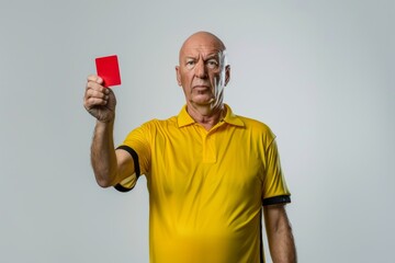 A bald soccer referee showing a red card.	