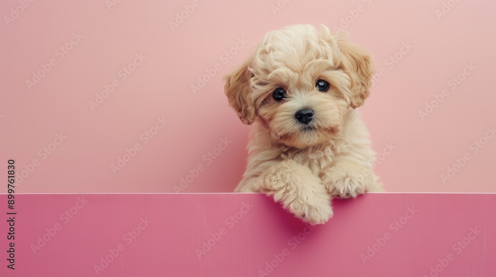 Sticker Text on pink background with adorable puppy on signboard