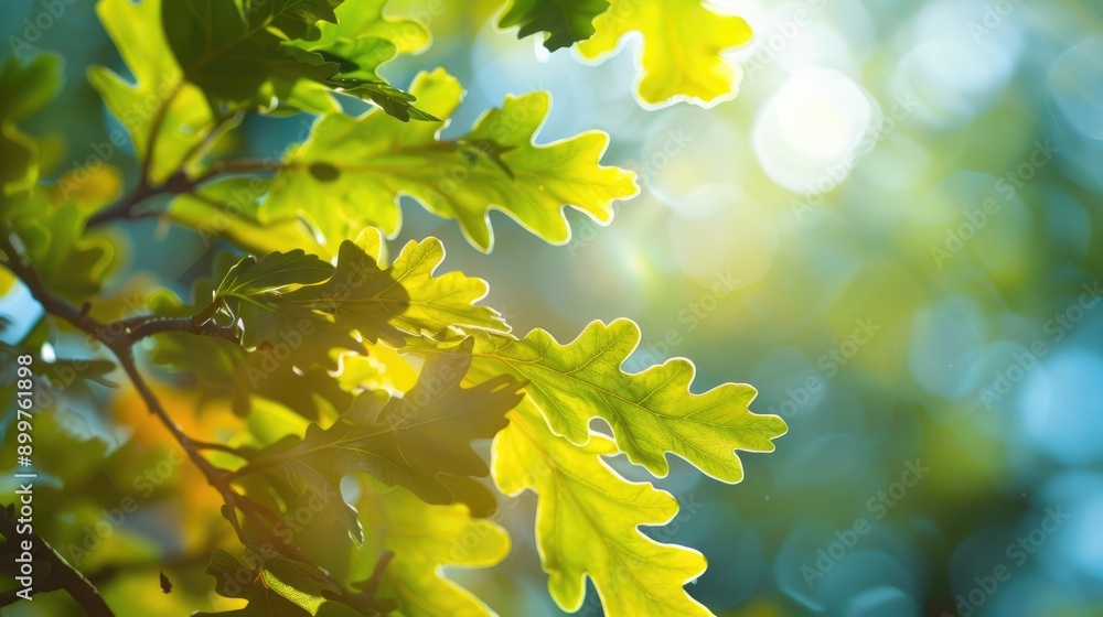 Poster close up of fresh green oak leaves with shallow depth of field in a european nature setting focus on