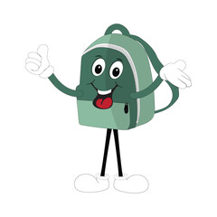 Backpack mascot cartoon Back to school and have fun. Character doodle illustration of walking school bag character design of a school bag