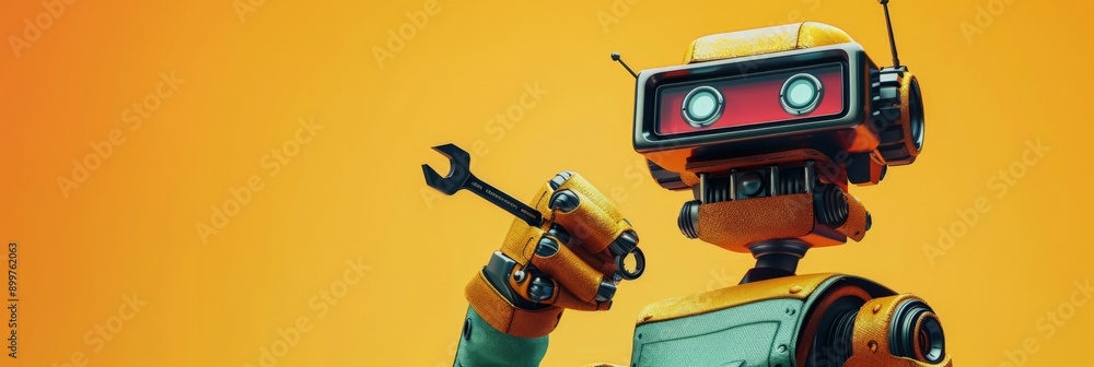 Aufkleber vintage-style robot holding a wrench against a bright orange background. concept of robotics in engi