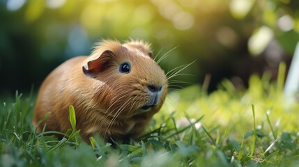 A cute guinea pig enjoys a sunny day in a grassy field. The natural light highlights its fur and curious expression, making this a heartwarming scene of a beloved pet in its natural environment.