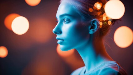 Caucasian woman with system codes animation and bokeh lights in background. facial recognition concept. Copy space template backdrop