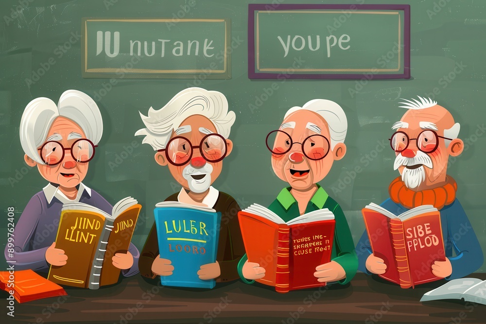 Leinwandbilder four elderly individuals are enthusiastically studying different foreign languages using textbooks a