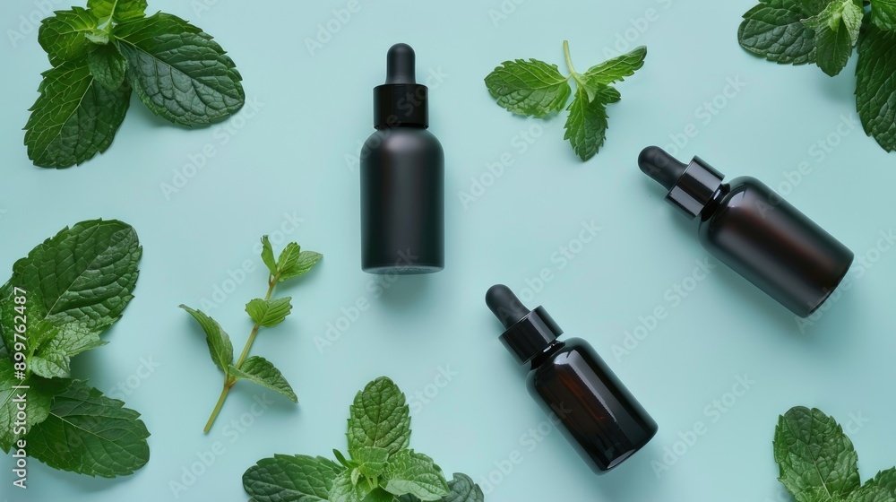 Sticker Cosmetic bottles for men displayed with mint leaves on colored background seen from above