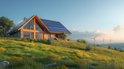 country house covered with solar panels on a hill and wind generators in the distance