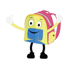 Backpack mascot cartoon Back to school and have fun. Character doodle illustration of walking school bag character design of a school bag