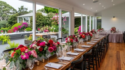 Obraz premium A beautifully arranged long table with pink roses and candles set for an outdoor wedding reception amidst lush greenery
