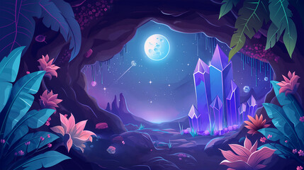 Alien planet surface with crystal at the night, game background, slot game background, video game, Illustration
