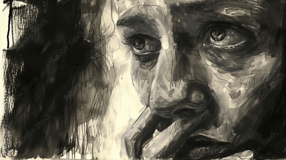 Poster a detailed monochromatic sketch capturing the intense and contemplative expression of a person. the 