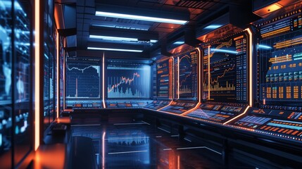 Obraz premium A sleek and modern control room features multiple screens displaying real-time financial data and graphs. The room is illuminated with blue and orange lights, creating a high-tech atmosphere perfect