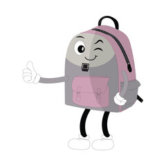 Backpack mascot cartoon Back to school and have fun. Character doodle illustration of walking school bag character design of a school bag