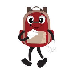 Backpack mascot cartoon Back to school and have fun. Character doodle illustration of walking school bag character design of a school bag