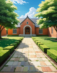 Fototapeta premium Vibrant Church Courtyard with Manicured Lawn and Colorful Tiled Pathway