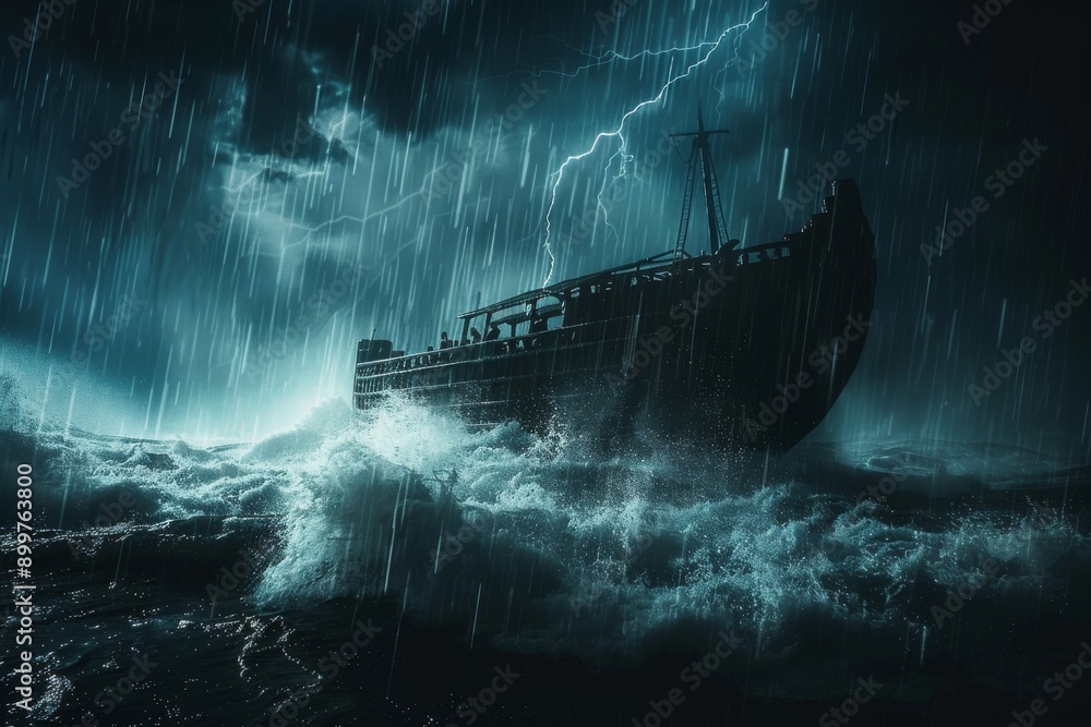 Poster noah's ark in the stormy sea at night.