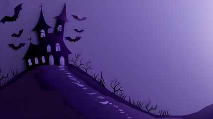 Fototapeta premium Spooky Haunted House on a Hill Paper Cut Art with Bats and Purple Background