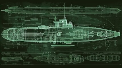 Obraz premium A green-toned technical blueprint showcasing the detailed schematics of a modern submarine. The precision and clarity of this illustration make it an invaluable resource for engineers and designers in