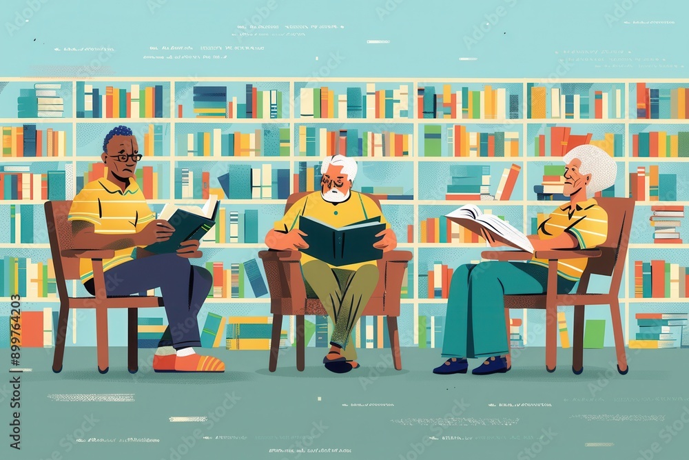 Poster three elderly people are studying foreign languages with textbooks and dictionaries in a cozy librar
