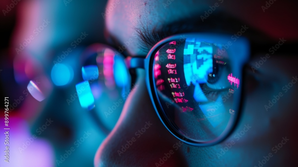 Poster close-up of an individual wearing glasses that reflect colorful computer code, set in a dark ambianc