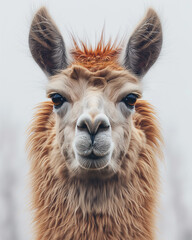 Obraz premium Close up portrait of a furry brown llama with expressive eyes and fluffy fur in nature