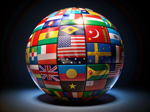 Animated 360-degree rotating globe with country flags from around the world in vibrant colors, set against a sleek black background, creating a dynamic visual explosion.