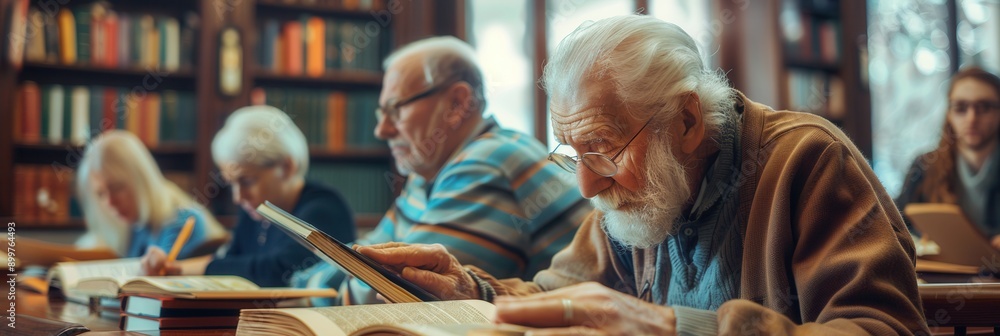 Poster elderly people study foreign languages using textbooks and dictionaries in a warm library environmen