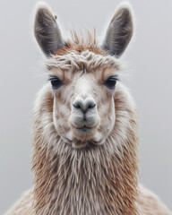 Fototapeta premium Close up portrait of a cute furry lama with expressive face and domesticated features