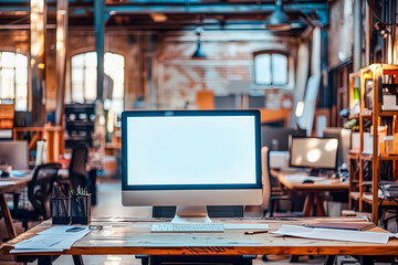 Ecran blanc d'ordinateur dans un local bureau style industriel