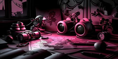 Military Strategist's Desk: A desk in a war zone with a map, binoculars, and tactical gear.