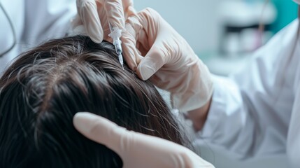 Fototapeta premium A close-up of a medical procedure where a healthcare professional is administering an injection into a patient's scalp. The detailed focus on the hands and injection highlights the meticulous care and