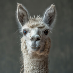 Obraz premium Fluffy alpaca portrait with adorable eyes, ears, and cute expression in a studio setting