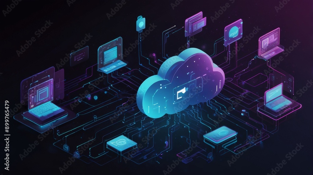 Aufkleber Futuristic Cloud Computing Network with Data Transfer