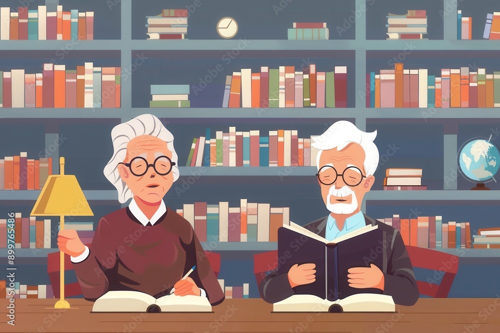Poster elderly learners focus on studying foreign languages using textbooks and dictionaries in a warm, inv