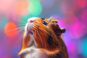 Naklejka premium Cute guinea pig with colorful bokeh background in a vibrant and furry animal photograph
