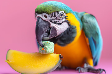 Colorful macaw parrot eating a banana on a pink background, showcasing its vibrant tropical colors