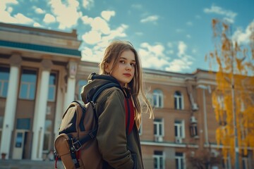 Fototapeta premium Cute School Girl With Backpack in Front of School Building