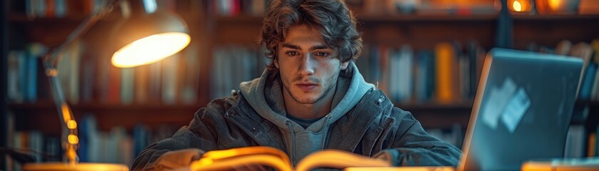 Fototapeta premium Diligent Student Taking Notes with Open Textbook