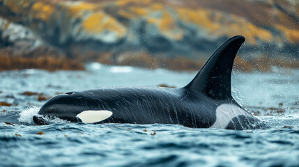 Fototapeta premium Orca whale in marine wildlife at ocean sea, animal in water showcasing nature with dorsal fin